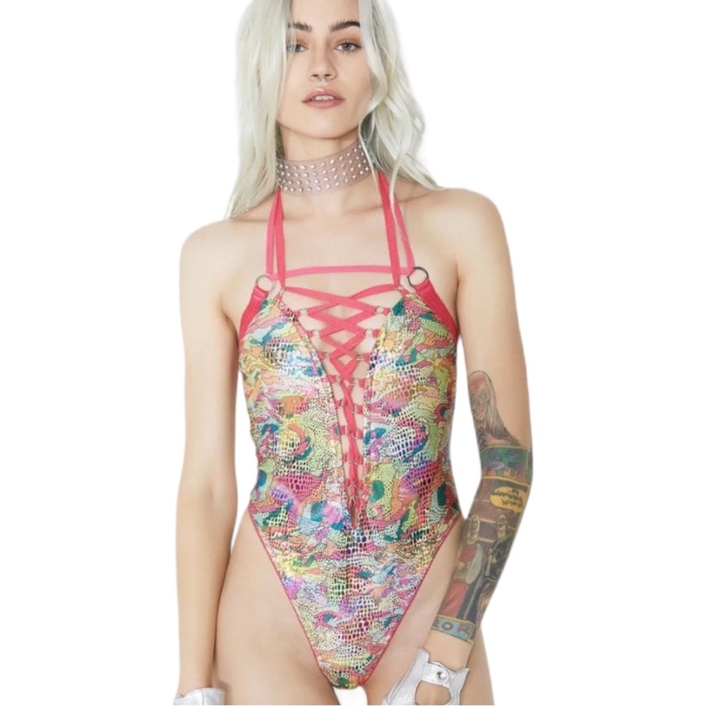 HTF Club Exx Hot Pink & Green Foil Lace Up Rivet Strappy Rave Halter Bodysuit - Picture 10 of 15